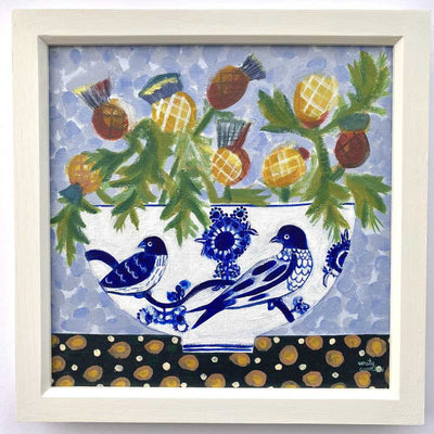 Blue Birds Bowl with Thistles