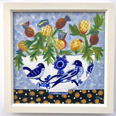 Blue Birds Bowl with Thistles