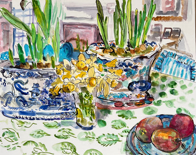 Daffodils and Hyacinths on Table